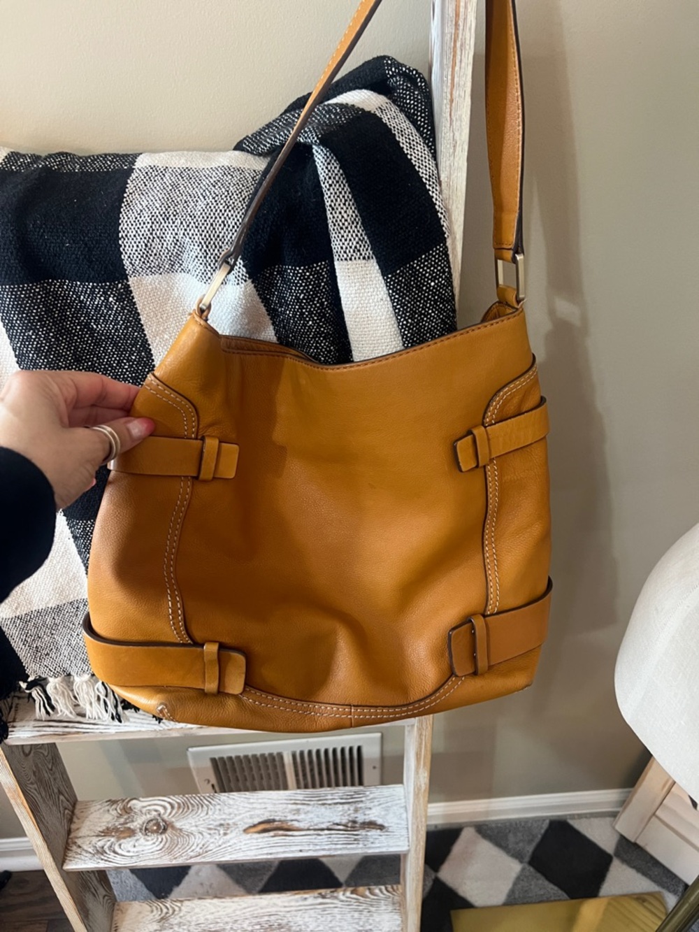 Women's Cognac Leather Shoulder Bag with Buckle Accents